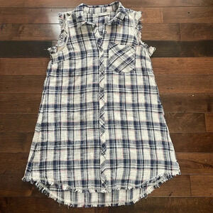 Paper Crane plaid sleeveless shirt dress Fringe hem Red white blue Size S Cotton